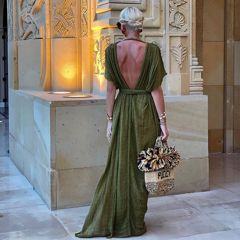 Off Shoulder Halter Maxi Dress(With Belt)