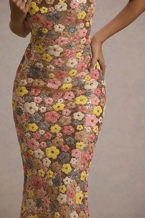 80's Inspired Floral Print Sequin Square Neck Slip Stretch Maxi Dress