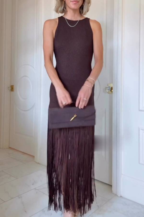 Sleeveless knitted maxi dress with tassels
