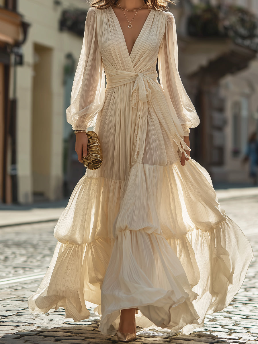 Plunging Neck Tie-Waist Tiered Maxi Dress