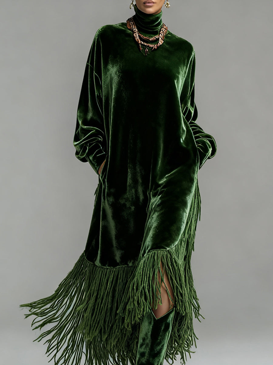 sheenchic Semi Formal Emerald Green High Collar Long Sleeve Strappy Elegant Pocket Velvet Maxi Dresses
