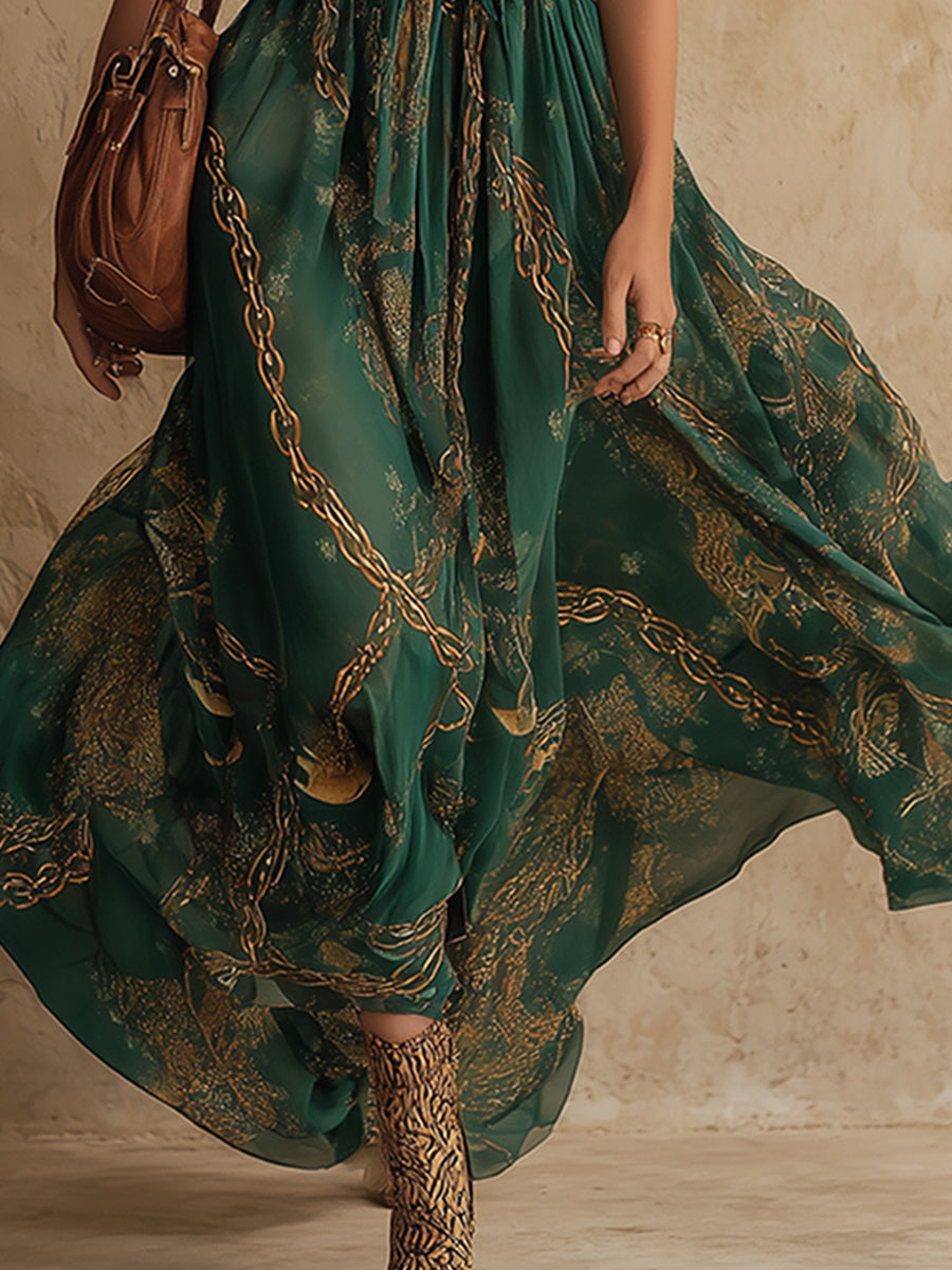 Retro Ethnic Style Chiffon Printed V-neck Sleeveless Maxi Dress