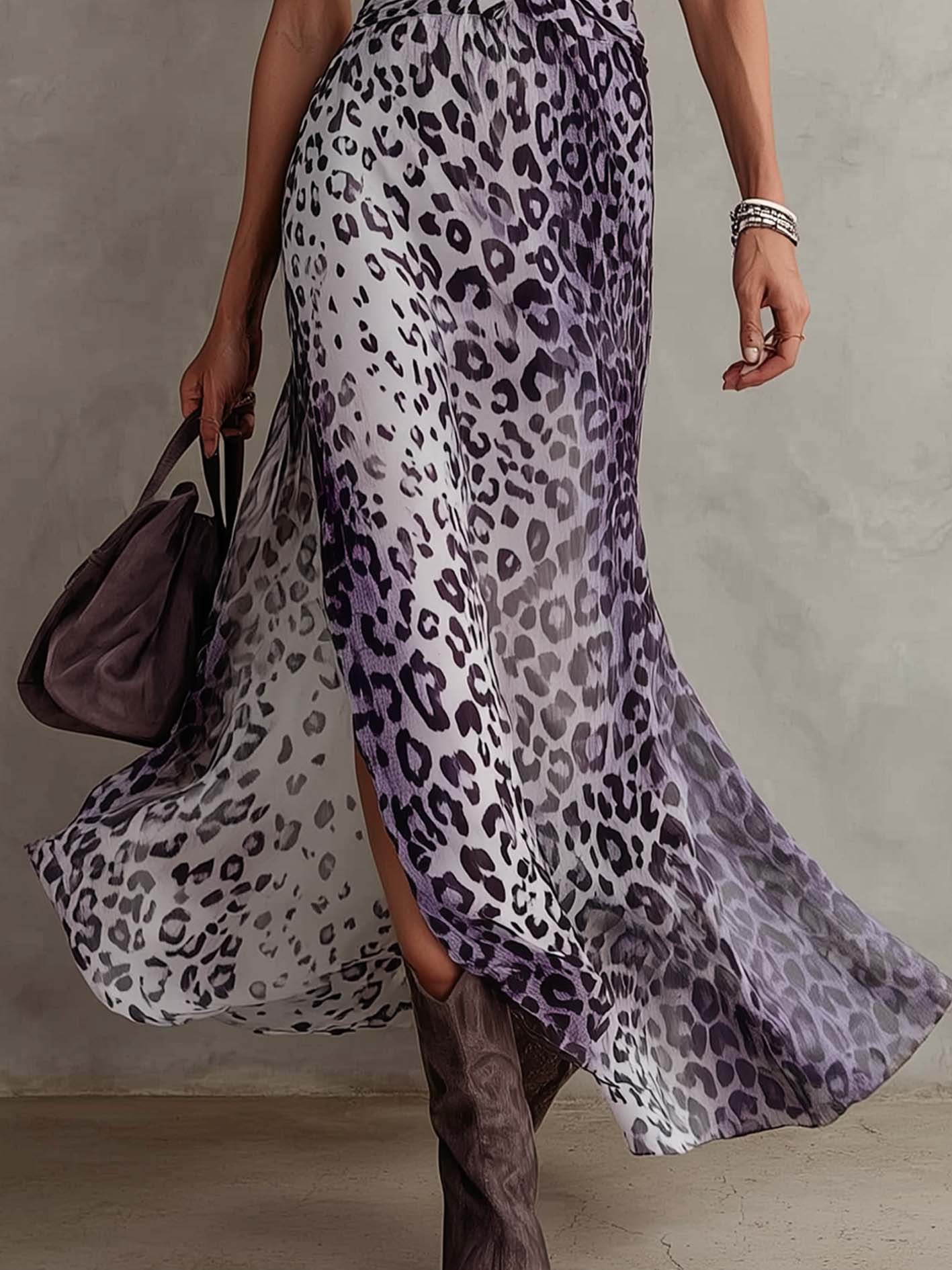 Gradient Purple Leopard Print Chiffon Sleeveless Maxi Dress With Side Slit