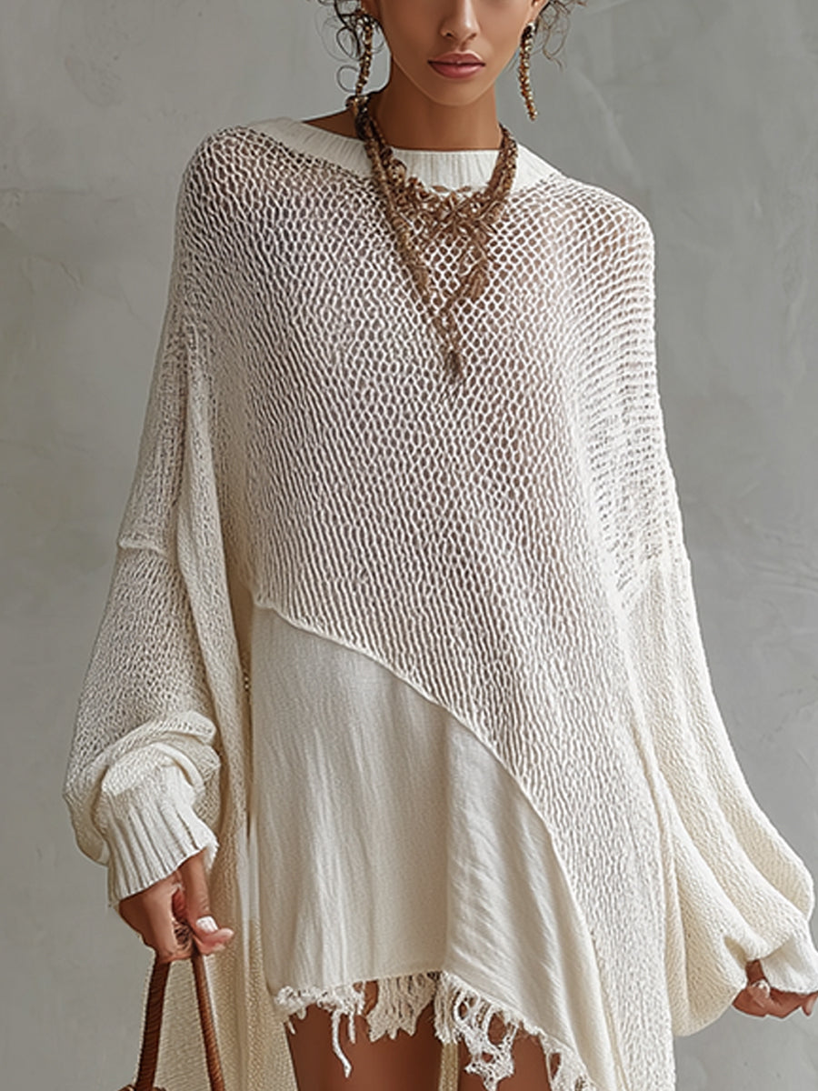 Ivory Multi Knit Loose Long Sleeve Mini Dress With Fringe Hem