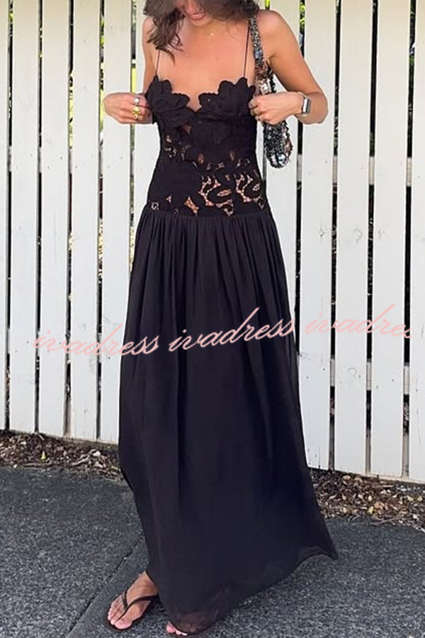 Stephanie Flower Crochet Lace Bust Chiffon Fluffy Hem Maxi Dress