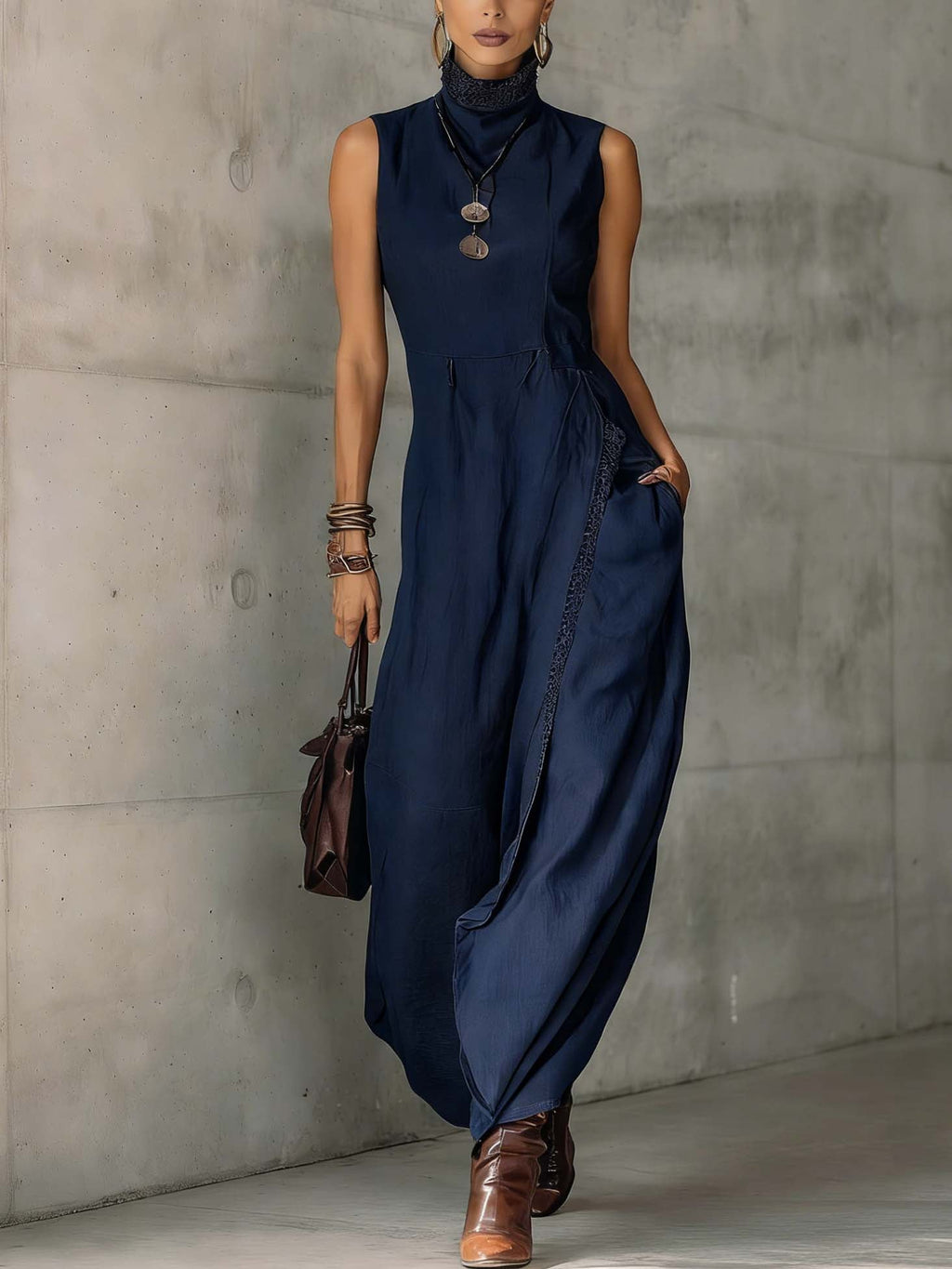 Navy Blue Lace Trim Cotton Linen Sleeveless Maxi Dress