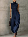 Navy Blue Lace Trim Cotton Linen Sleeveless Maxi Dress
