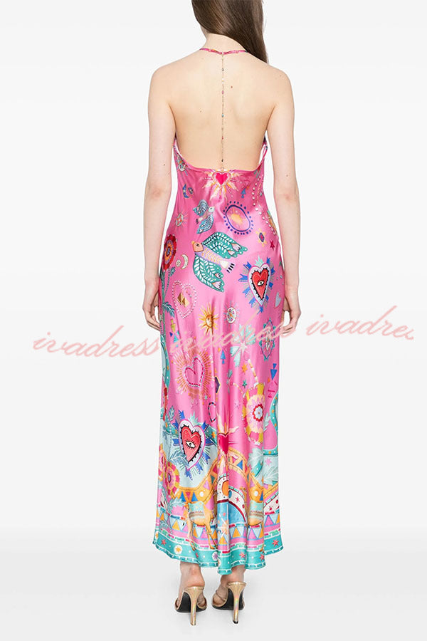 Effortless Chic Satin Unique Print Back Chain Detail Slip Maxi Dress