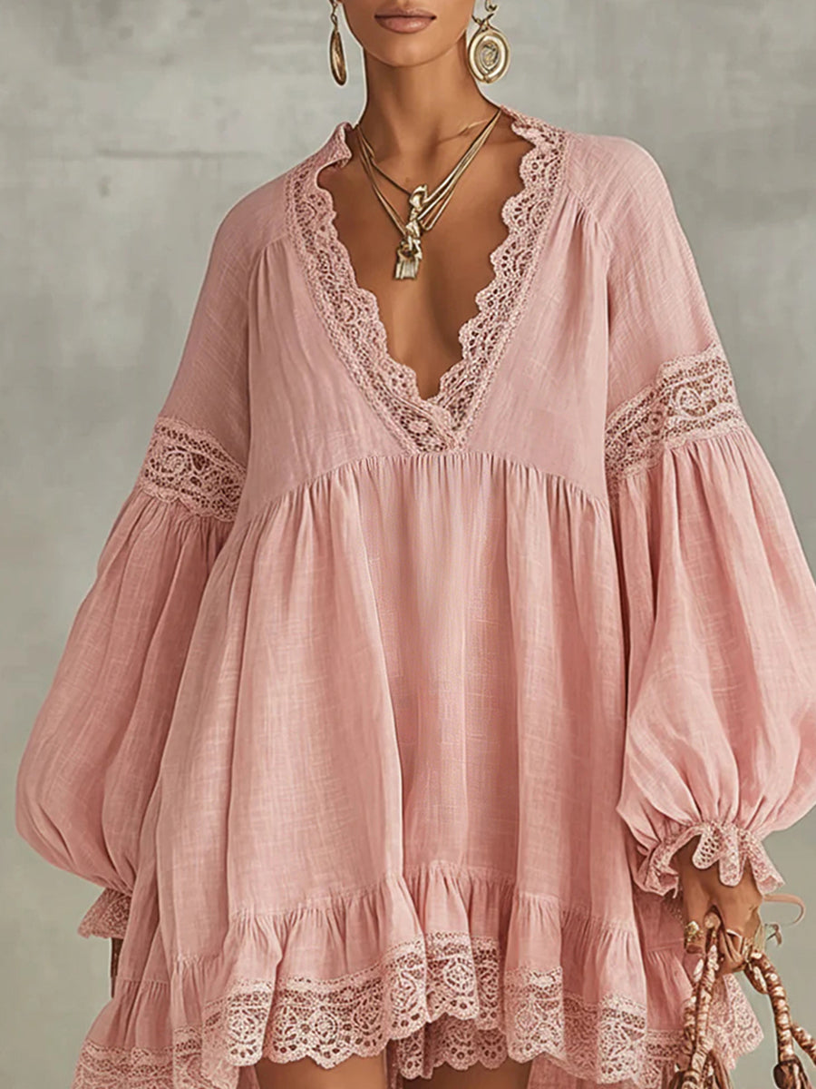 sheenchic Vacation Pink V Neck Puff Sleeve Long Sleeve Ruffle Boho Contrast Lace Mini Dresses [Pre-Order]