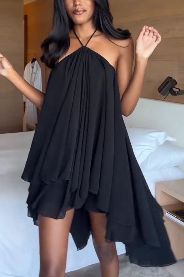 Chiffon Solid Color Halter Backless Irregular Mini Dress