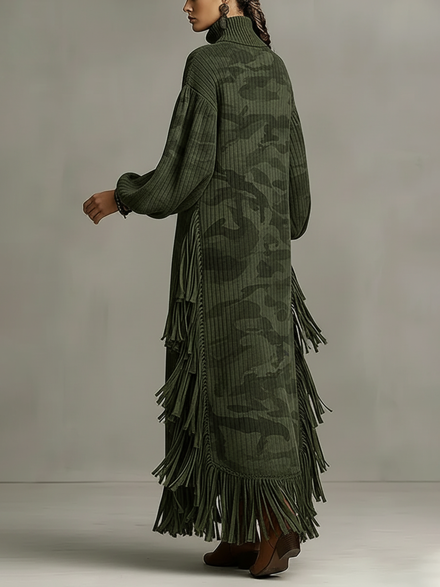 sheenchic Daily Army Green Camo High Collar Lantern Sleeve Long Sleeve Strappy Vintage Pocket Maxi Dresses [Pre-Order]