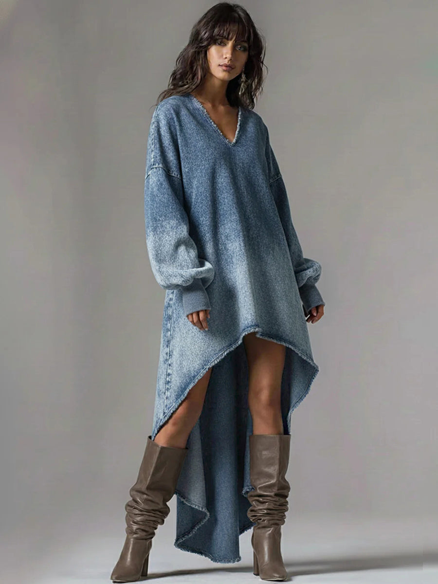 sheenchic Festival Blue V Neck Lantern Sleeve Long Sleeve High Low Hem Casual Denim Mini Dresses