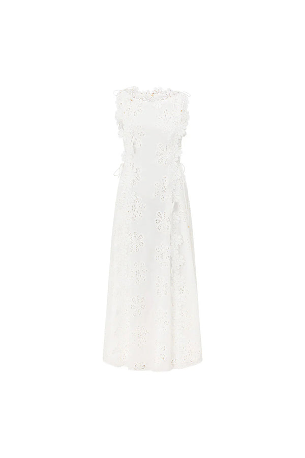 Mairi Embroidery Hollow Fabric Delicate Flower Trim Side Lace-up Maxi Dress