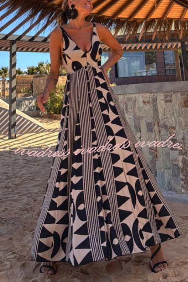 Sabine Geometric Print V-Neck Back Smocked A-line Maxi Dress
