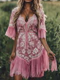 sheenchic Floral Pattern V Neck Lace Trim Fringe Mini Dress