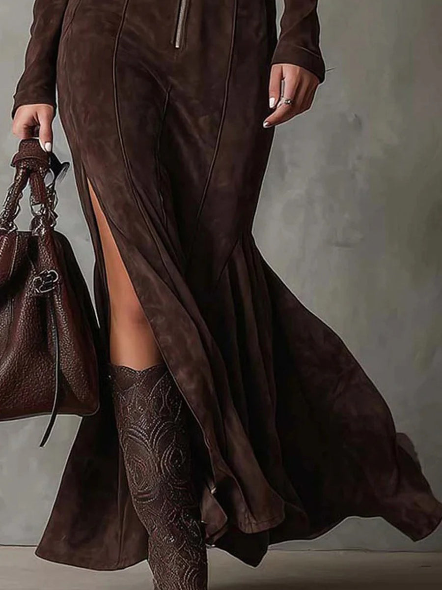 Daily Army Green Stand-Up Collar Long Sleeve Split Western Zipper Chamois Maxi Dresses