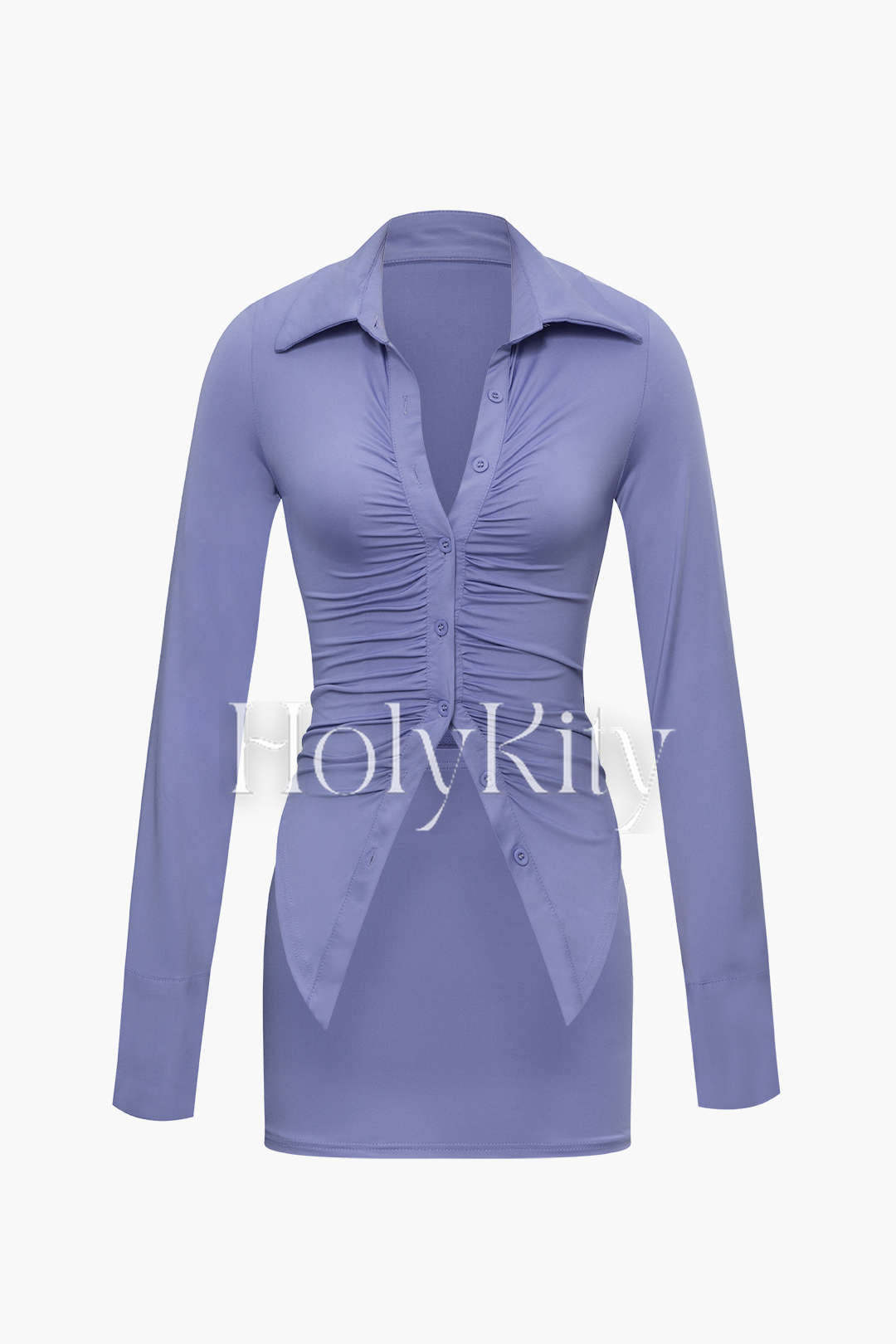 Collar Ruched Long Sleeve Shirt And Mini Skirt Set