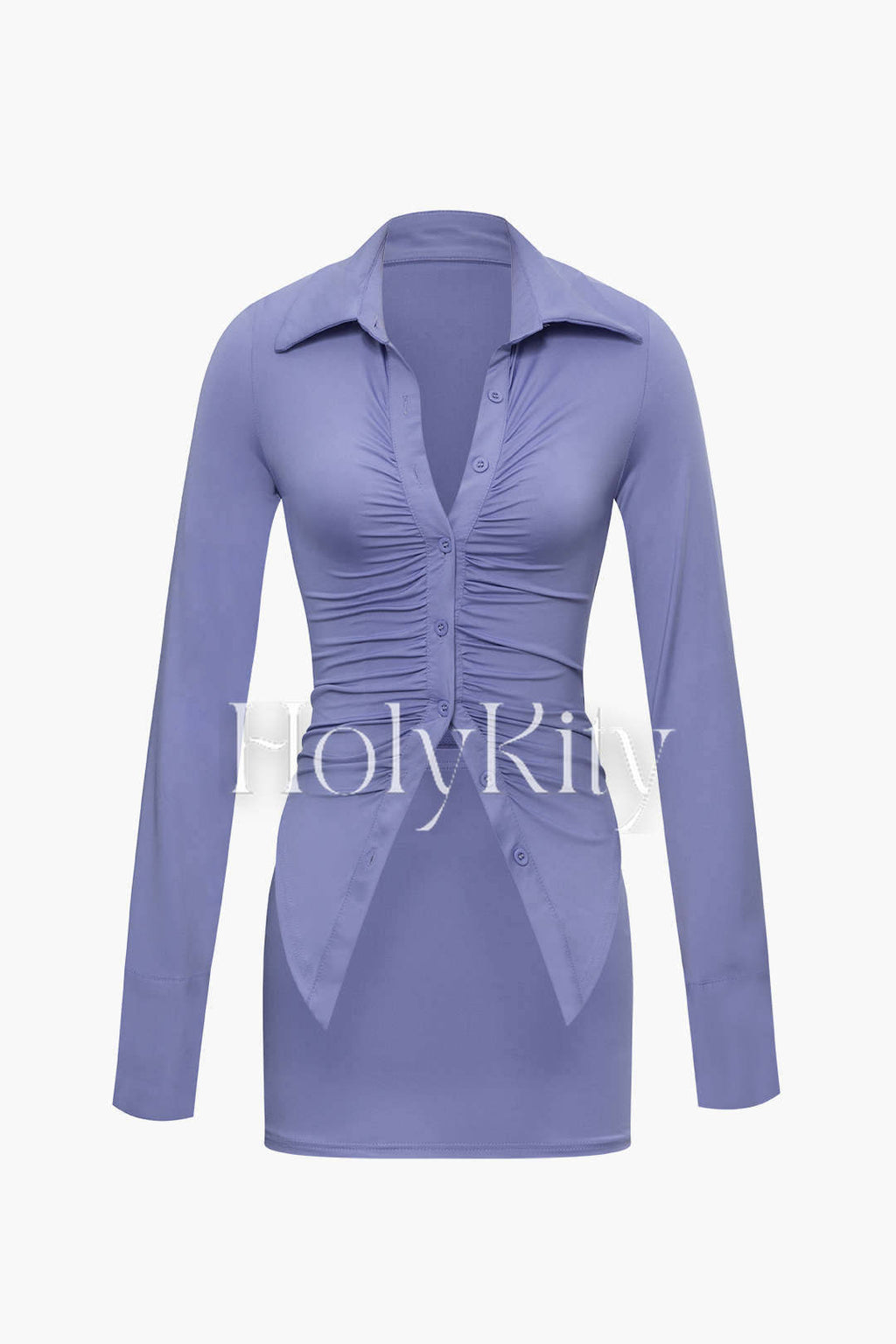 Collar Ruched Long Sleeve Shirt And Mini Skirt Set