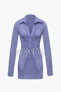 Collar Ruched Long Sleeve Shirt And Mini Skirt Set