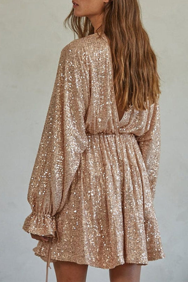 V Neck Balloon Sleeves Backless Drawstring Sequin Dress