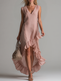 Casual And Comfortable V-neck Sleeveless Ruffled Maxi Dress