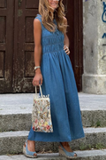 Denim Blue Sleeveless Round Neck Long Dress