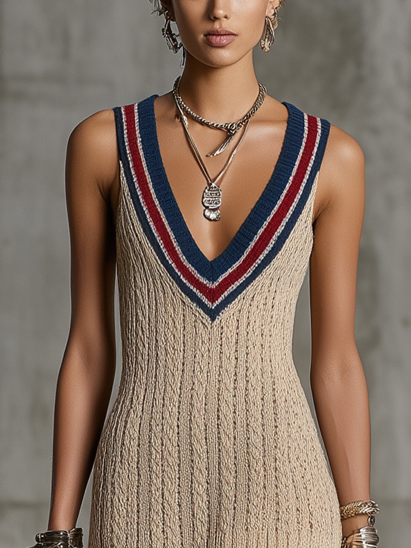 Beige Cable Knit Sleeveless Mini Dress With Contrast Trim