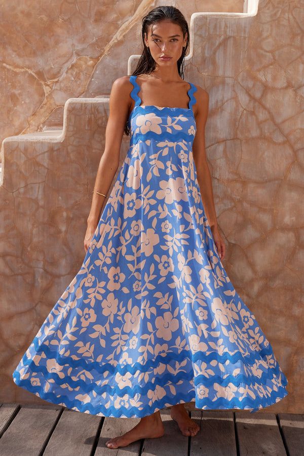 Floral Printed Wave Bandeau Fashion Maxi Dress
