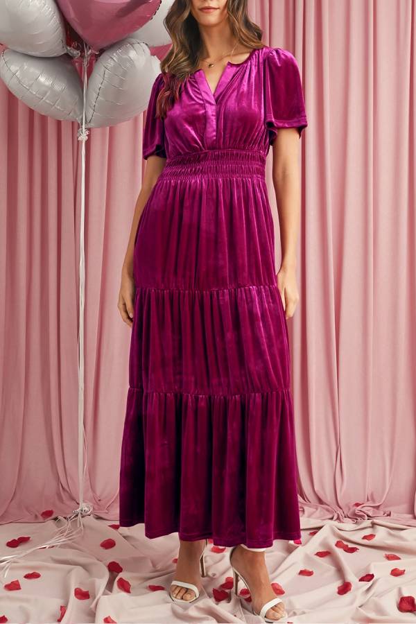 Red Dahlia Velvet Short Sleeve Shirred Waist Tiered Maxi Dress