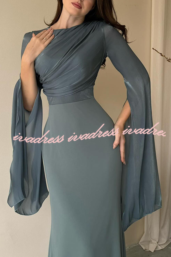 Liora Ruched Organza and Satin Patchwork Design Long Bell Slit Sleeve Maxi Dress