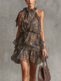 Gray Floral Chiffon Mini Dress With Layered Ruffle Hem