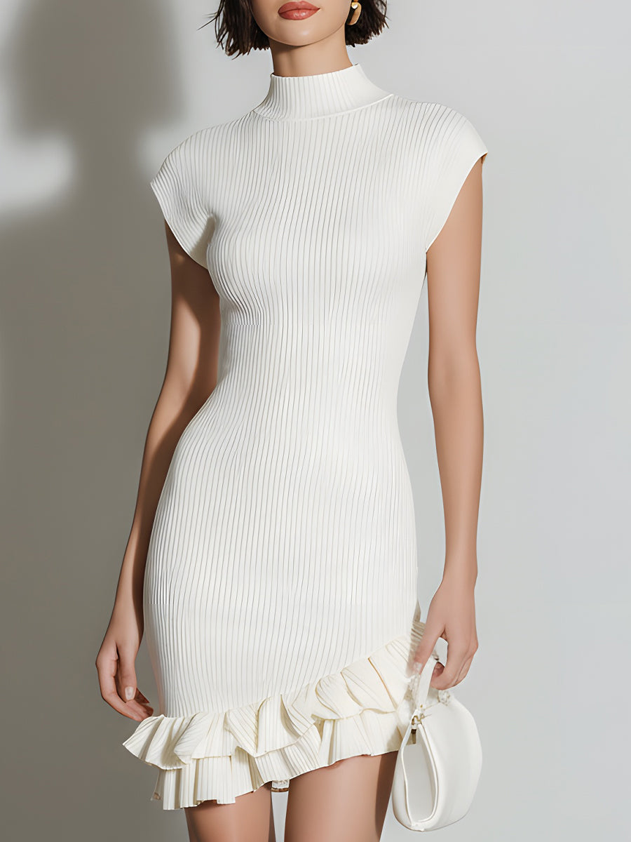 White Mock Neck Ribbed Knit Mini Dress With Ruffle Hem