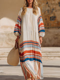 Retro Color-blocked Striped Print Off-white Chiffon Loose-fitting Long-sleeved Maxi Dress