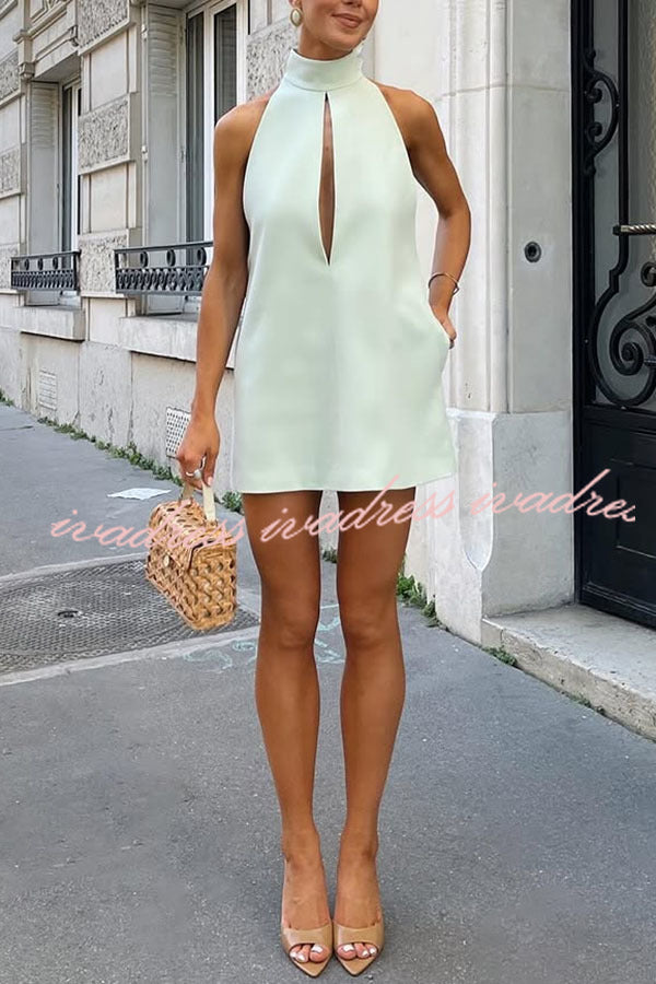 Date Night Front Cutout Pocketed Halter H-line Mini Dress