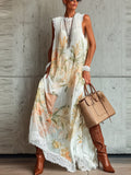 White Floral Pleated Chiffon Lace-Trim Maxi Dress