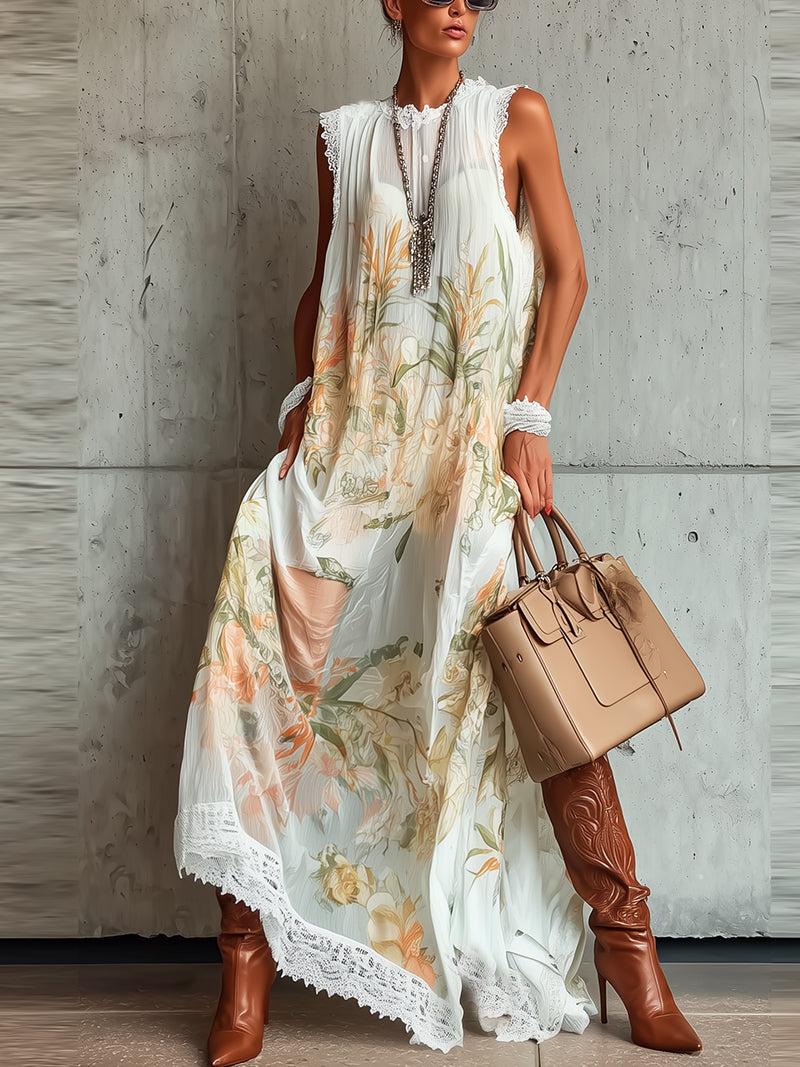 White Floral Pleated Chiffon Lace-Trim Maxi Dress