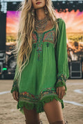 Unique Printed V-Neck Long Sleeve Loose Casual Mini Dress