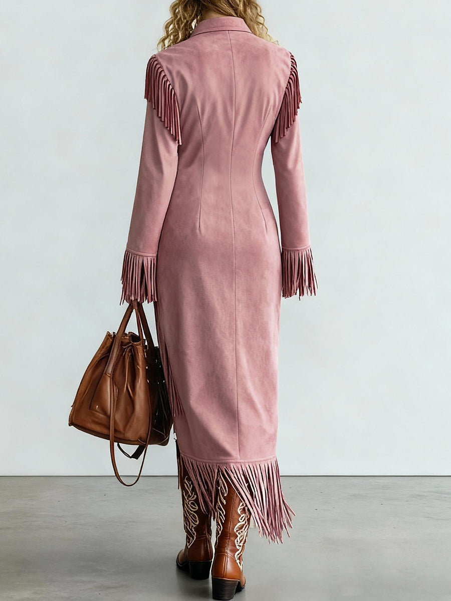 Festival Pink Half-Zip Collar Long Sleeve Split Western Strappy Chamois Maxi Dresses