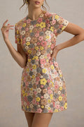 80's Inspired Floral Print Sequin Short Sleeve Stretch Mini Dress