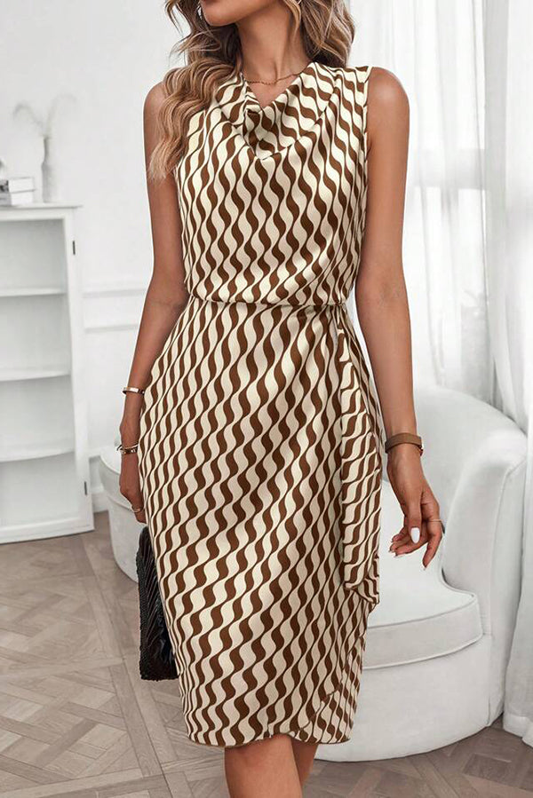 Unique Print Draped Front Neck Asymmetric Hem Mini Dress