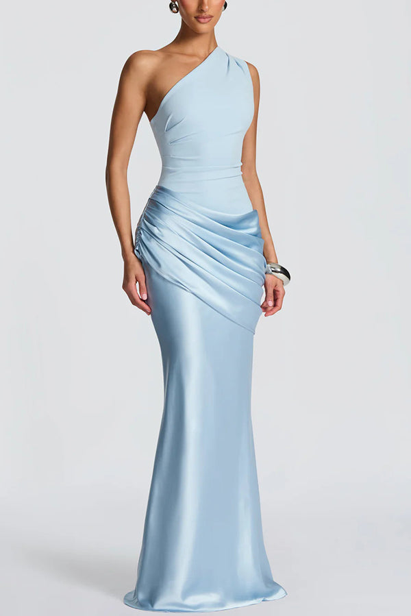 Stylish One-shoulder Sleeveless Satin Draped Slim-fit Maxi Dress