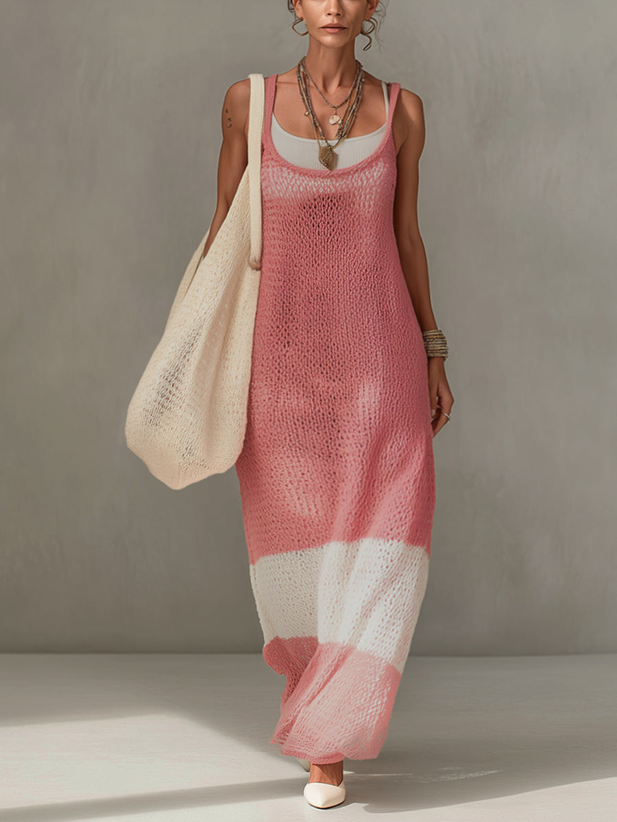 Pink Sheer Knit Maxi Dress With Layered Slip