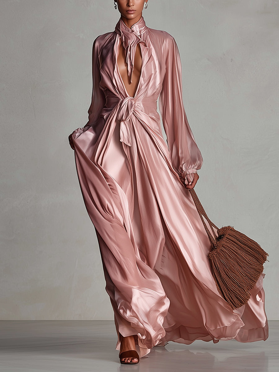 Pink Acetate Satin Long Sleeve Cutout Maxi Dress
