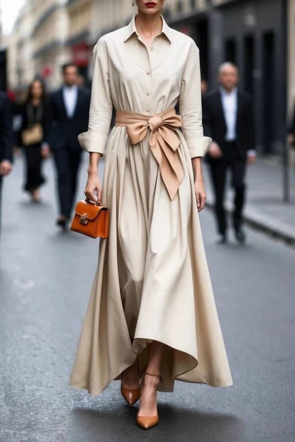 Shirt-collar. fitted-waist long dress
