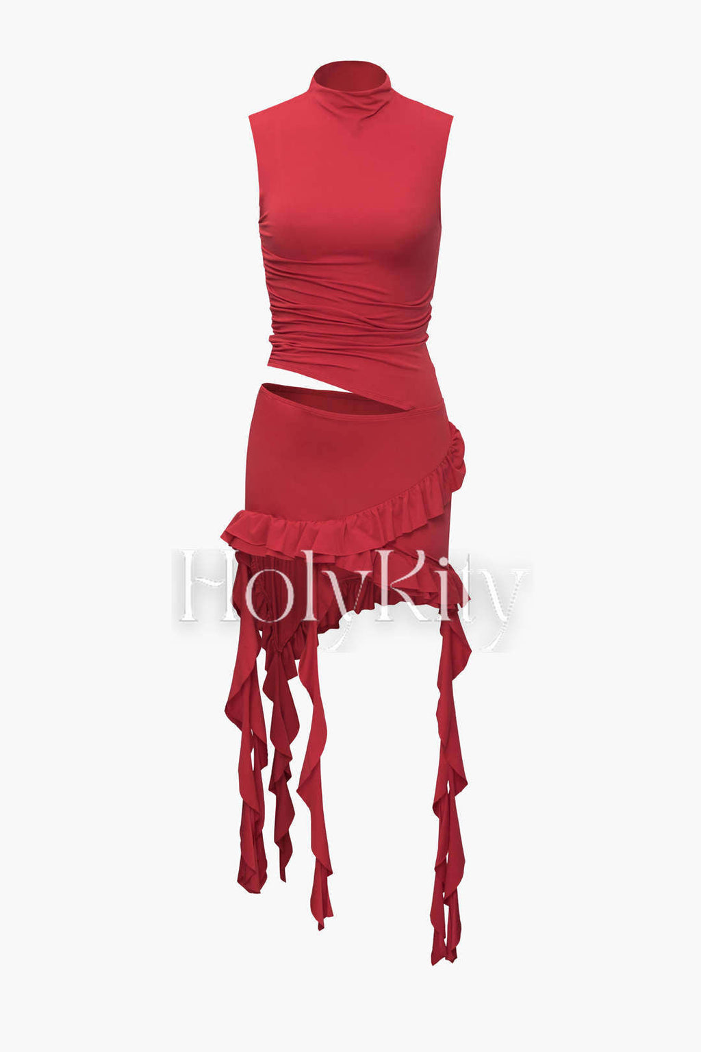 Mock Neck Cut Out Ruffle Mini Dress