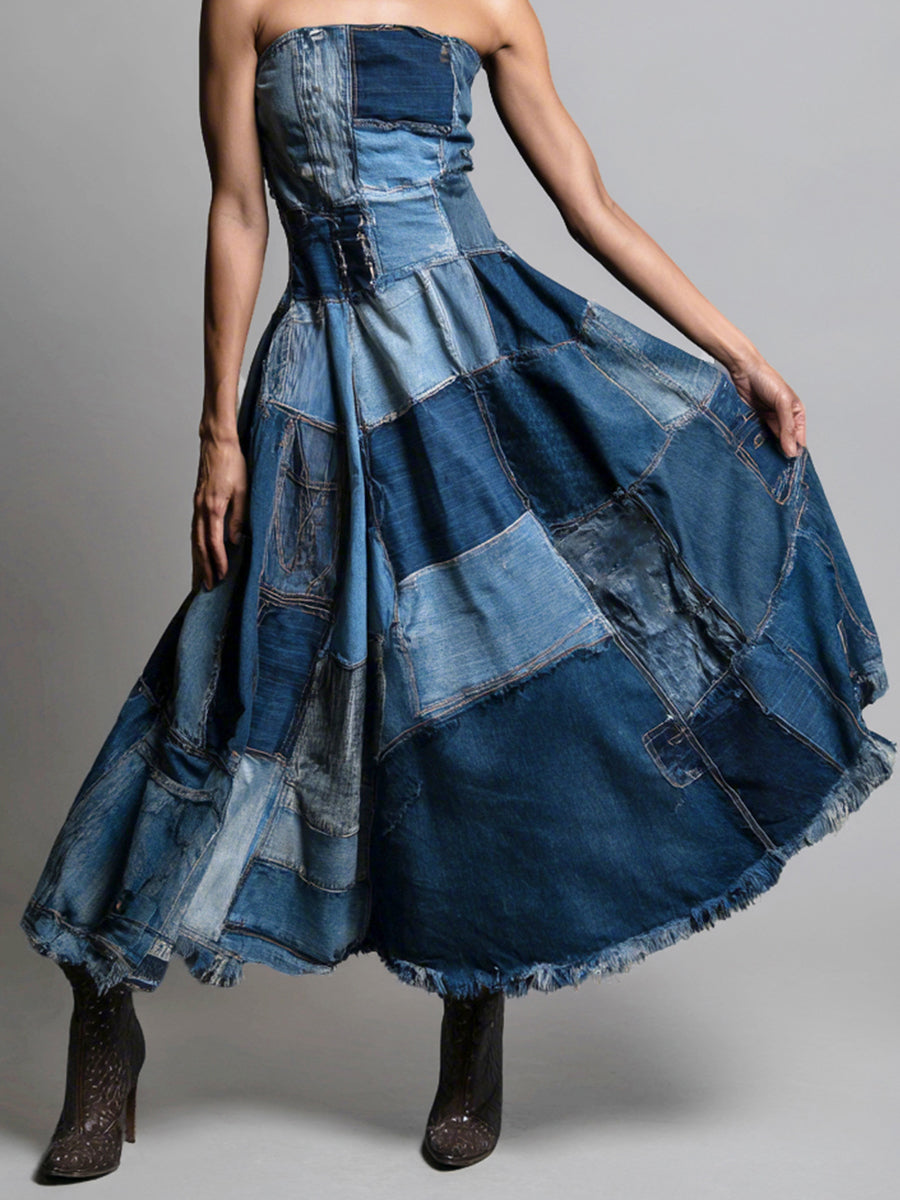 sheenchic Cocktail Party Blue Boat Neck Contrast Vintage Trimmings Denim Maxi Dresses [Pre-Order]