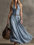 Vintage And Elegant Striped-trim Light Blue Tencel Denim Sleeveless Maxi' Dress