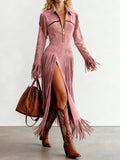 Festival Pink Half-Zip Collar Long Sleeve Split Western Strappy Chamois Maxi Dresses