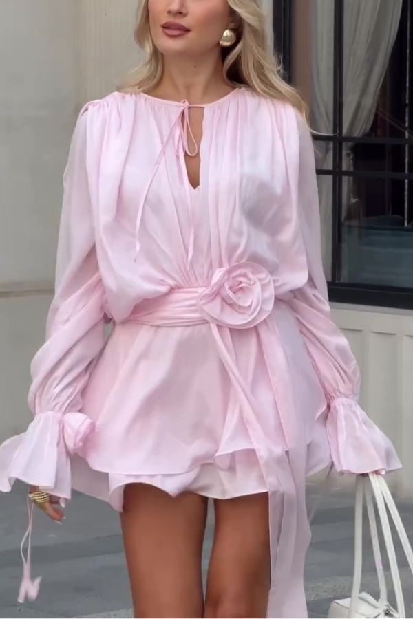 Solid Color Long Sleeve V-Neck Lace-Up Elegant Flower Decorated Mini Dress