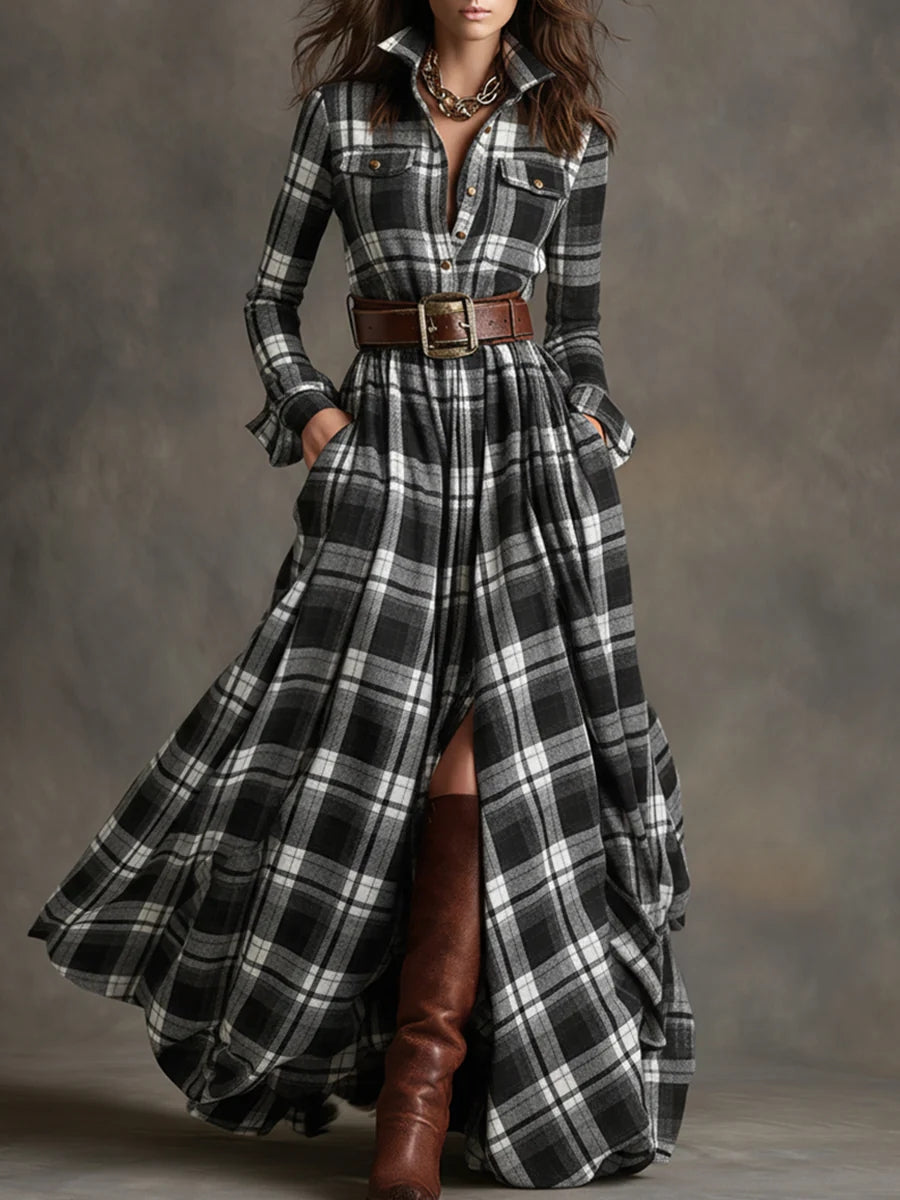 Daily Green Plaid Shirt Collar Long Sleeve Vintage Maxi Dresses